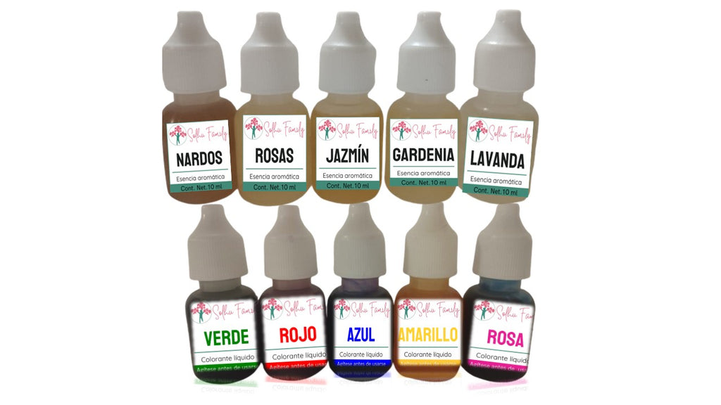 Kit de 5 Esencias y 5 colorantes | Aromas Flores | Jabones de Glicerina | 10 piezas de 10ml c/u