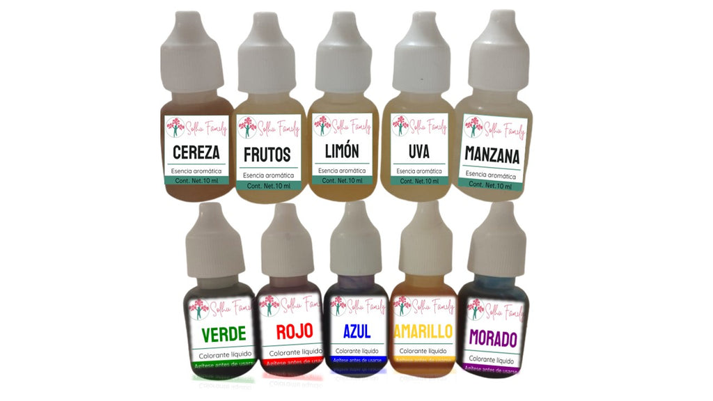 Kit de 5 Esencias y 5 colorantes | Aromas Frutos | Jabones de Glicerina | 10 piezas de 10ml c/u (Copia)